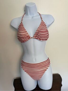Burberry Red and White/Cream Striped Triangle Bikini Set, Large, EUC